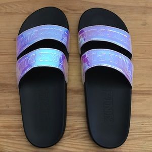 PINK iridescent double strap slides